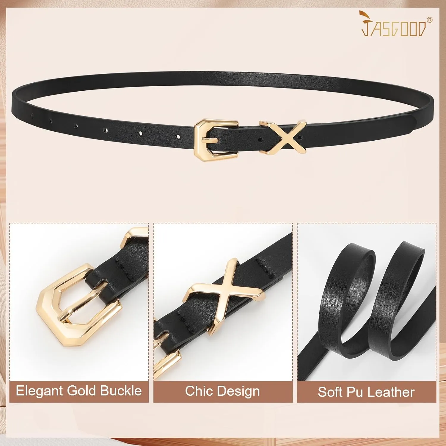JASGOOD Women Skinny Leather Belt for Pants Jeans Ladies Thin Waist Belt for Dress