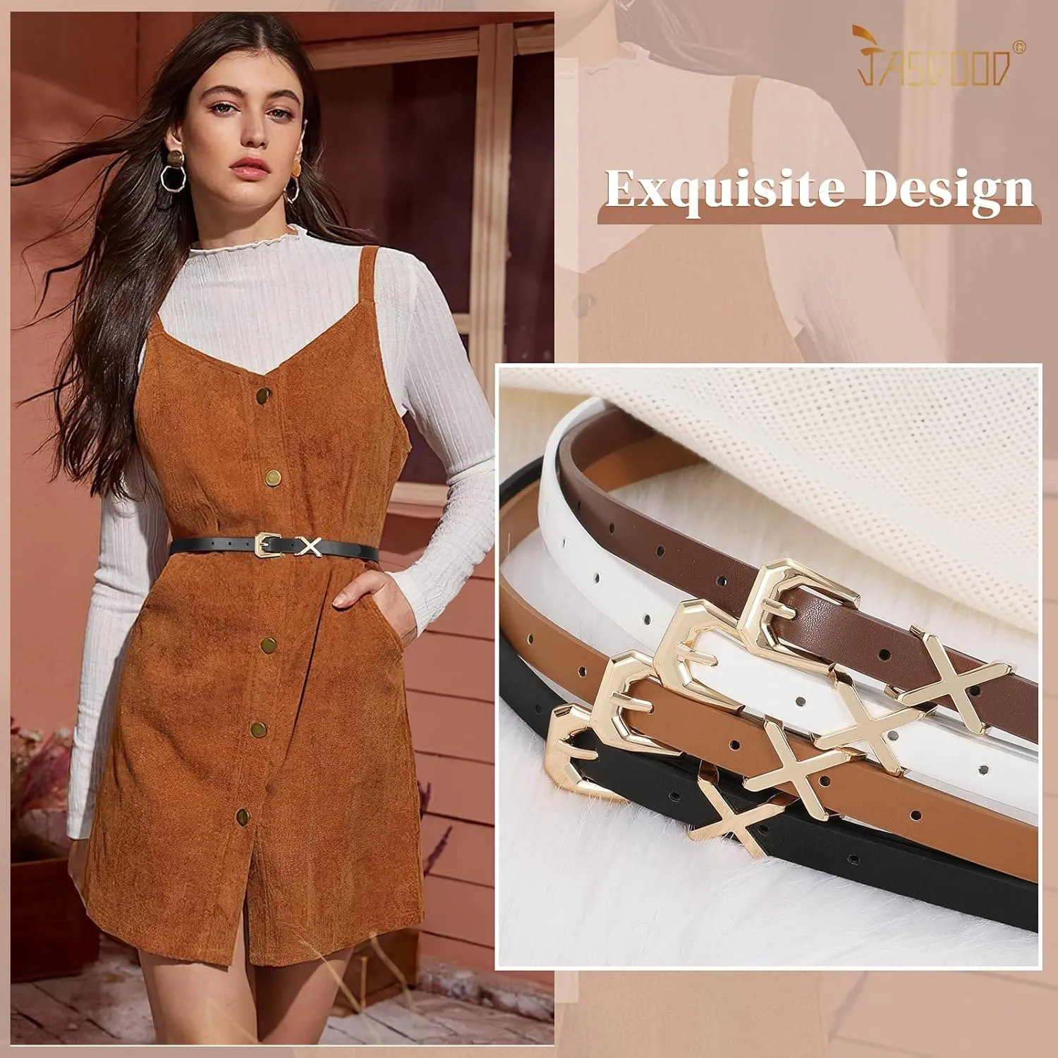 JASGOOD Women Skinny Leather Belt for Pants Jeans Ladies Thin Waist Belt for Dress