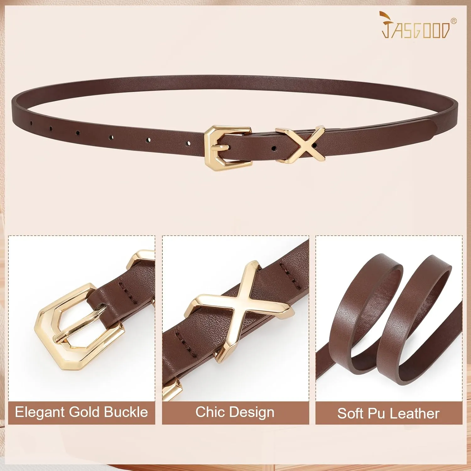 JASGOOD Women Skinny Leather Belt for Pants Jeans Ladies Thin Waist Belt for Dress