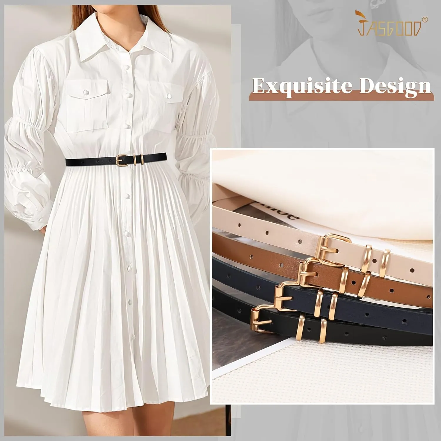 JASGOOD Women Skinny Leather Belt for Pants Jeans Ladies Thin Waist Belt for Dress