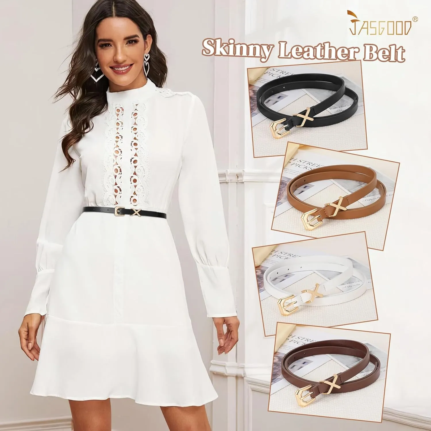 JASGOOD Women Skinny Leather Belt for Pants Jeans Ladies Thin Waist Belt for Dress