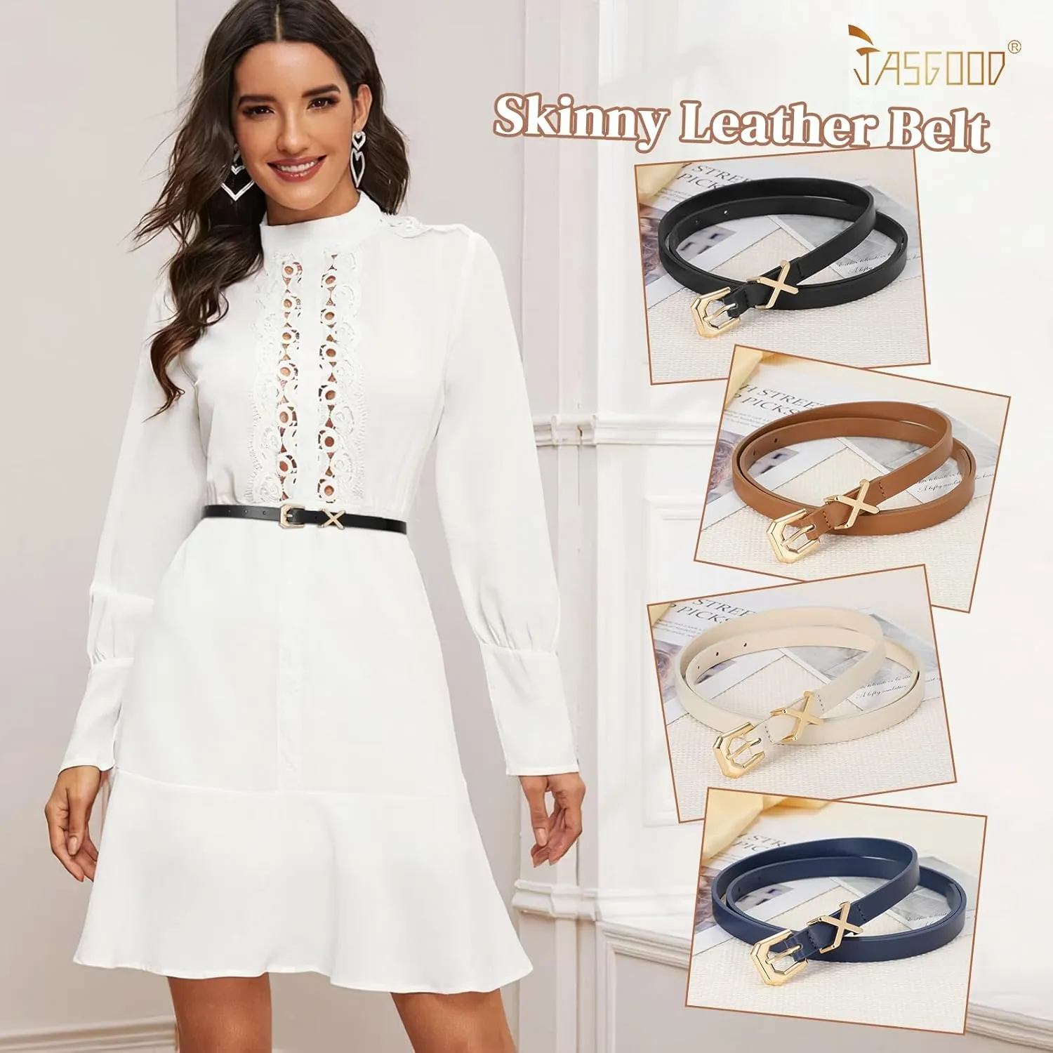 JASGOOD Women Skinny Leather Belt for Pants Jeans Ladies Thin Waist Belt for Dress