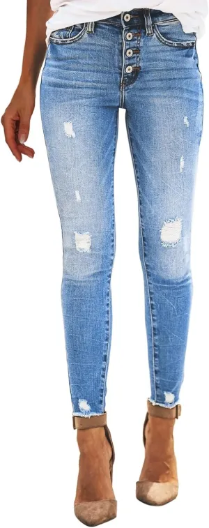 Jeans for Women Trendy High Rise Skinny Stretch Ripped Jeans High Waisted Destroyed Denim Pants