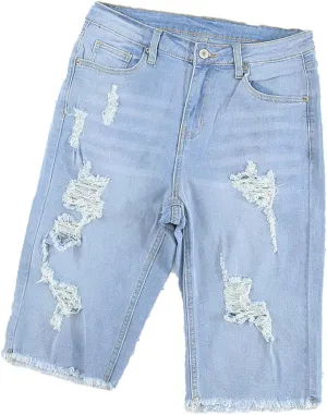 JEKE-DG Women High Waisted Stretch Bermuda Shorts Ripped Distressed Stretch Denim Shorts Frayed Hem Casual Shorts