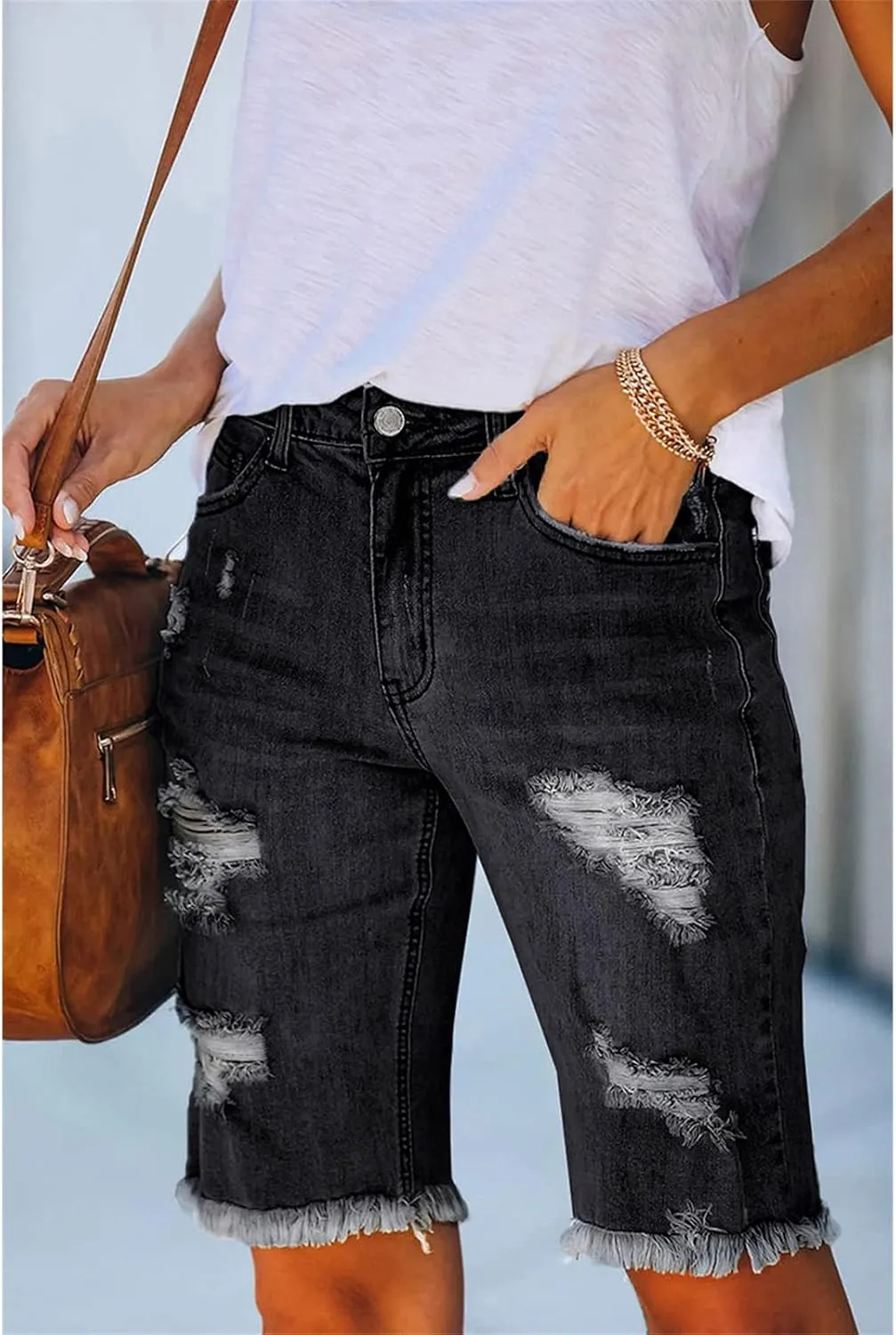 JEKE-DG Women High Waisted Stretch Bermuda Shorts Ripped Distressed Stretch Denim Shorts Frayed Hem Casual Shorts