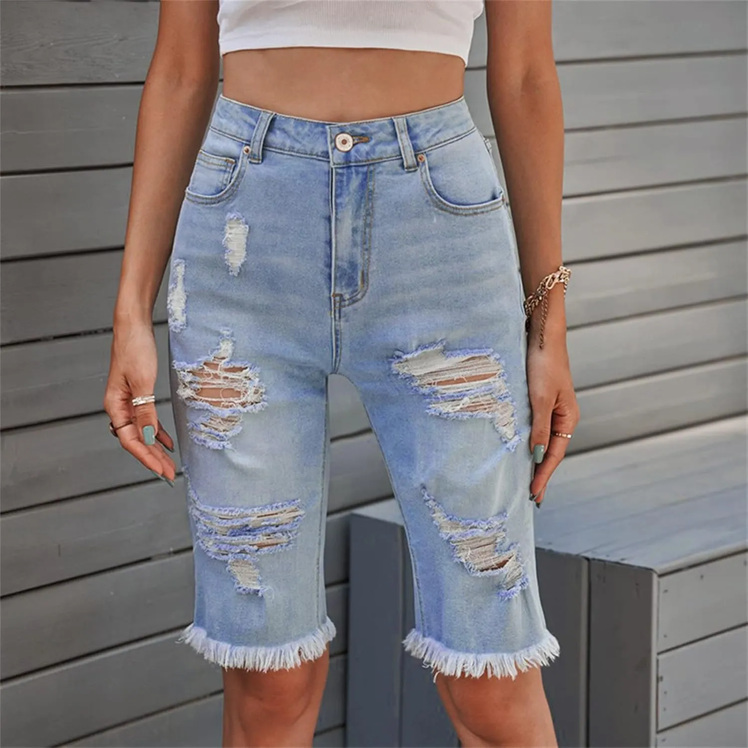 JEKE-DG Women High Waisted Stretch Bermuda Shorts Ripped Distressed Stretch Denim Shorts Frayed Hem Casual Shorts
