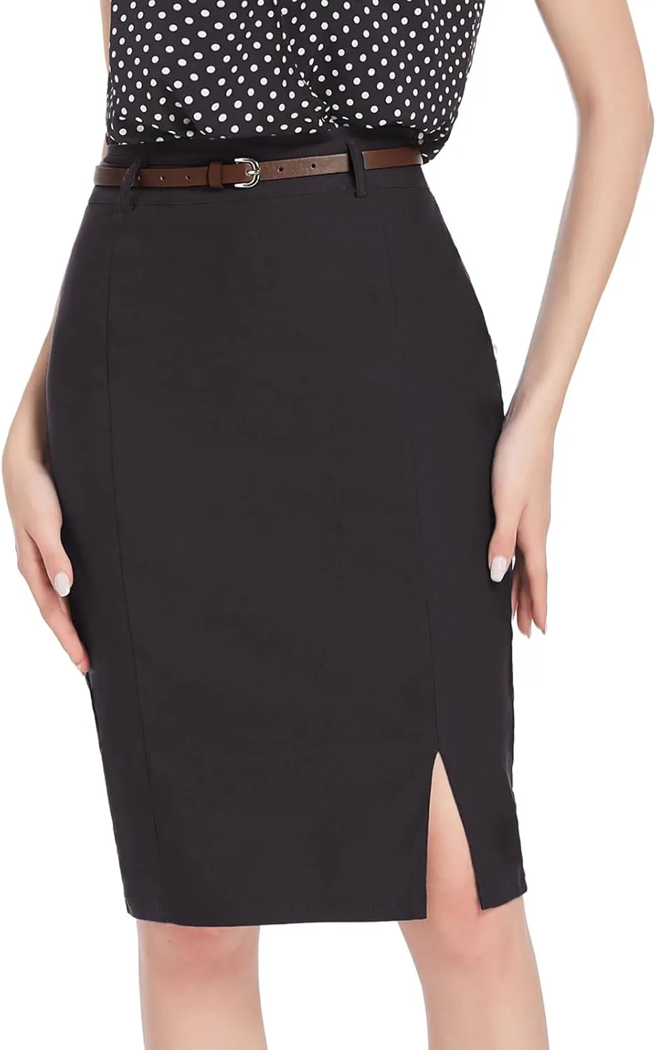 Kate Kasin Women's Bodycon Pencil Skirt with Belt Solid Color Hip-Wrapped