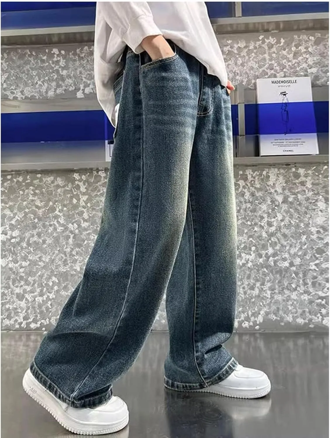 Kids Teen Boys Baggy Jeans Casual Straight Wide Leg Jeans Y2K Loose Elastic Waist Denim Pants Trousers with Pockets
