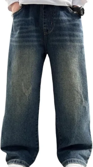 Kids Teen Boys Baggy Jeans Casual Straight Wide Leg Jeans Y2K Loose Elastic Waist Denim Pants Trousers with Pockets