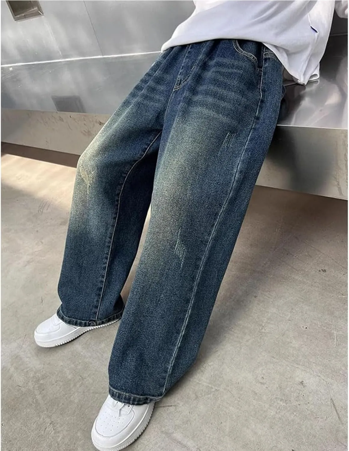 Kids Teen Boys Baggy Jeans Casual Straight Wide Leg Jeans Y2K Loose Elastic Waist Denim Pants Trousers with Pockets