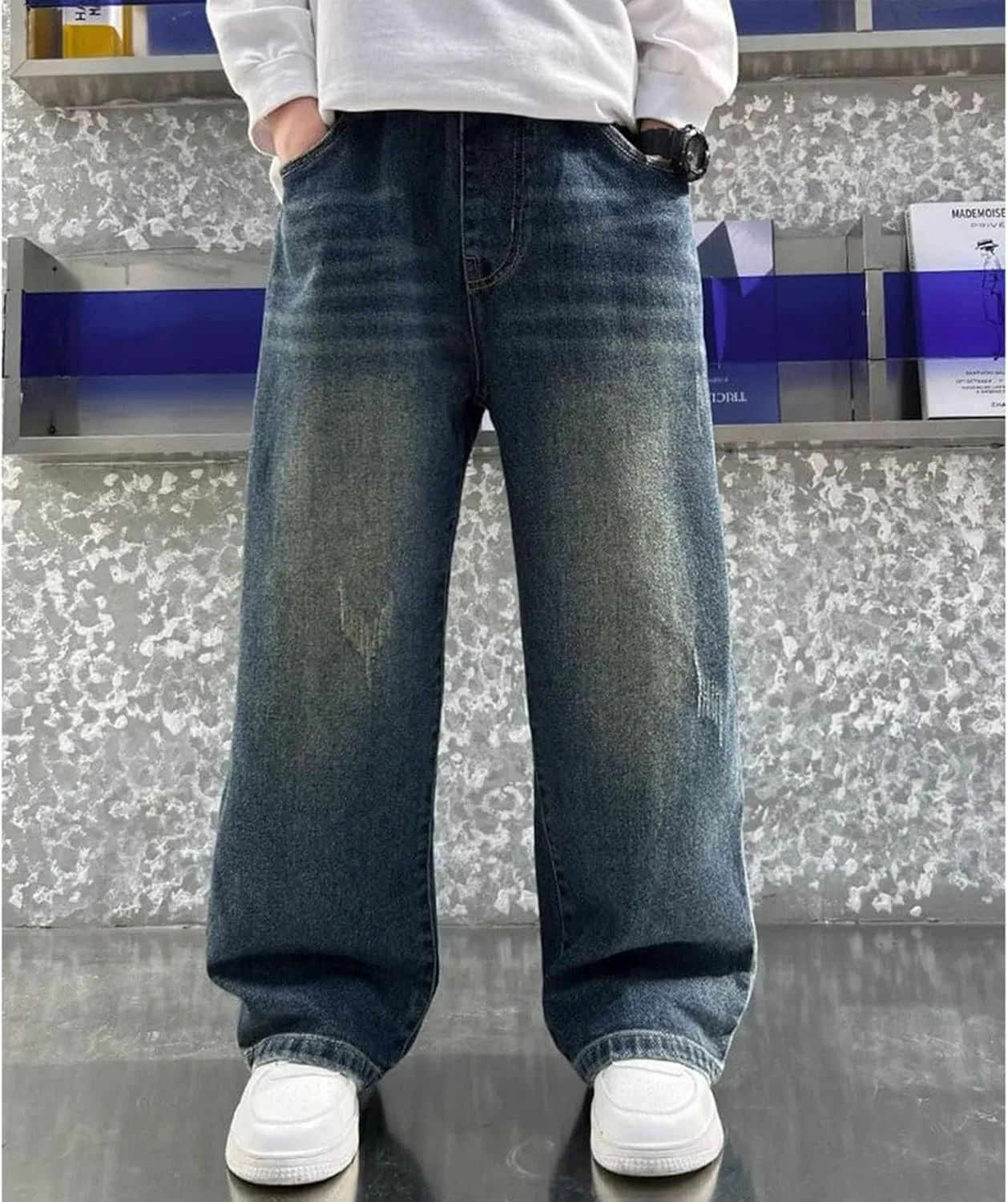 Kids Teen Boys Baggy Jeans Casual Straight Wide Leg Jeans Y2K Loose Elastic Waist Denim Pants Trousers with Pockets