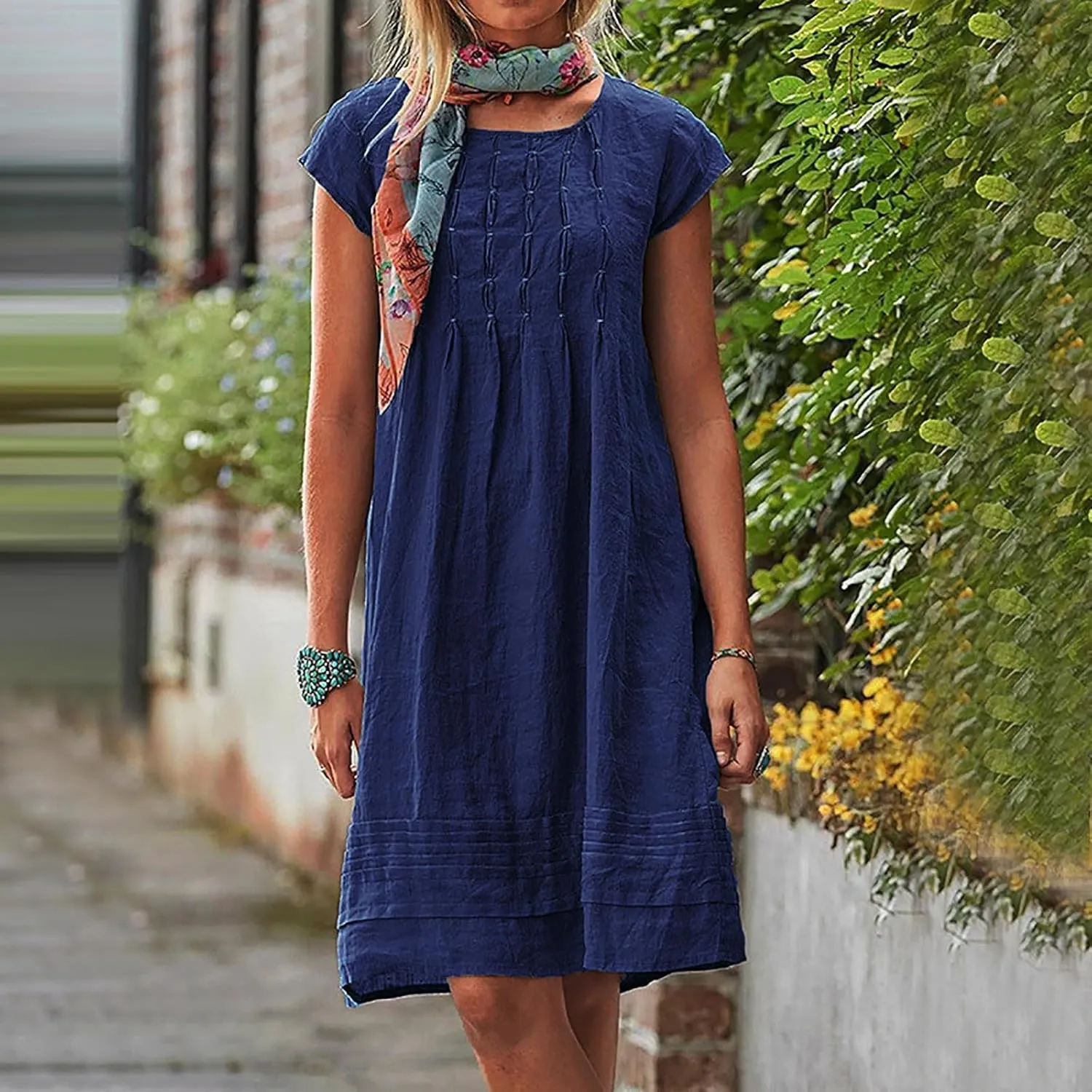 Kubbon Linen Dress for Women Plus Size Cap Sleeve Pleated Summer Midi Dresses Crew Neck Casual Dress Trendy Vacation Clothes
