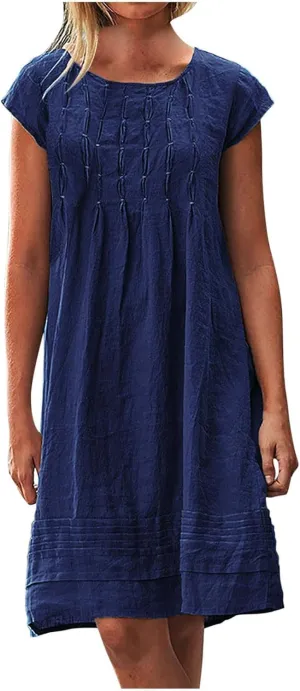 Kubbon Linen Dress for Women Plus Size Cap Sleeve Pleated Summer Midi Dresses Crew Neck Casual Dress Trendy Vacation Clothes