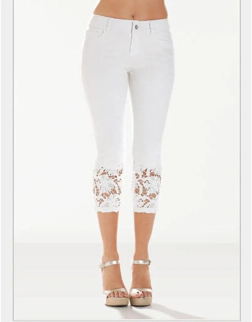 Lace Cropped Jeans for Women Plus Size High Waisted Denim Pants Summer Slim Stretch Casual Capri Cropped Jean Leggings