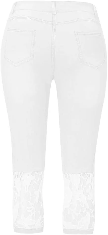 Lace Cropped Jeans for Women Plus Size High Waisted Denim Pants Summer Slim Stretch Casual Capri Cropped Jean Leggings