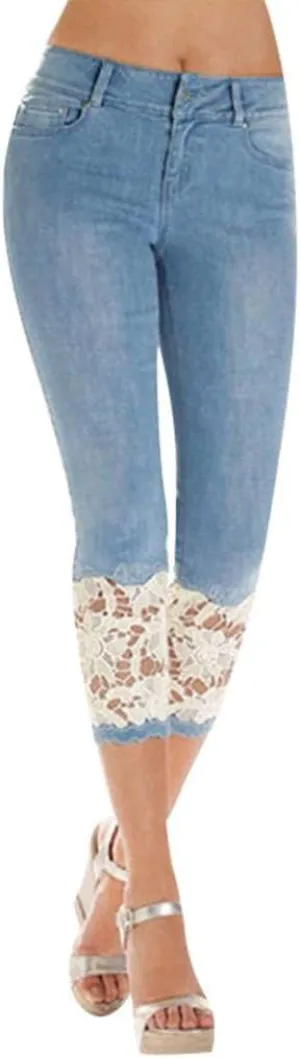 Lace Cropped Jeans for Women Plus Size High Waisted Denim Pants Summer Slim Stretch Casual Capri Cropped Jean Leggings