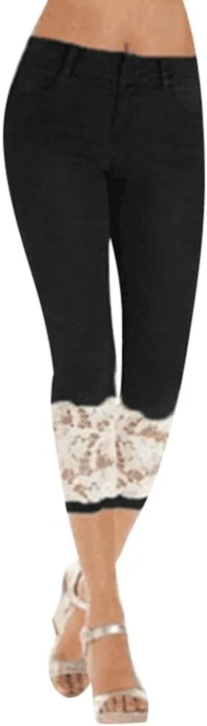 Lace Cropped Jeans for Women Plus Size High Waisted Denim Pants Summer Slim Stretch Casual Capri Cropped Jean Leggings
