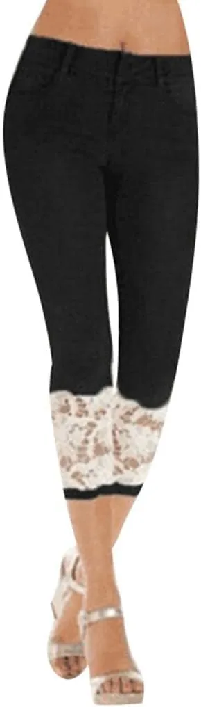 Lace Cropped Jeans for Women Plus Size High Waisted Denim Pants Summer Slim Stretch Casual Capri Cropped Jean Leggings
