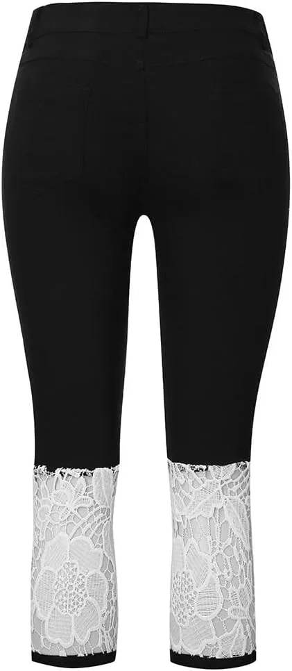 Lace Cropped Jeans for Women Plus Size High Waisted Denim Pants Summer Slim Stretch Casual Capri Cropped Jean Leggings