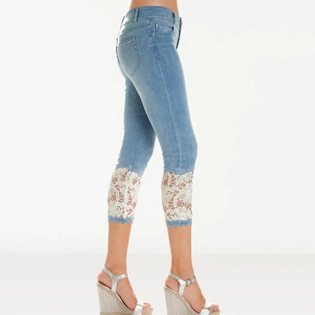 Lace Cropped Jeans for Women Plus Size High Waisted Denim Pants Summer Slim Stretch Casual Capri Cropped Jean Leggings