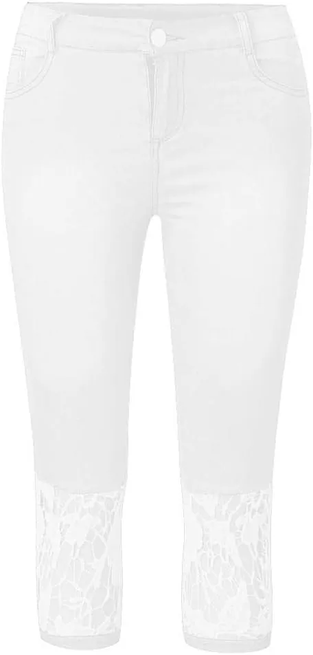 Lace Cropped Jeans for Women Plus Size High Waisted Denim Pants Summer Slim Stretch Casual Capri Cropped Jean Leggings