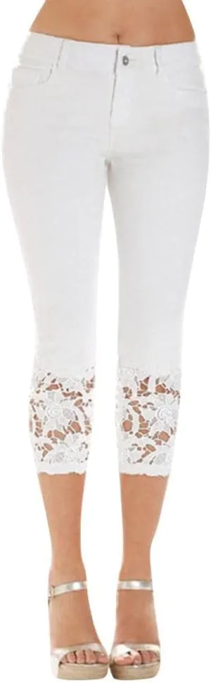 Lace Cropped Jeans for Women Plus Size High Waisted Denim Pants Summer Slim Stretch Casual Capri Cropped Jean Leggings