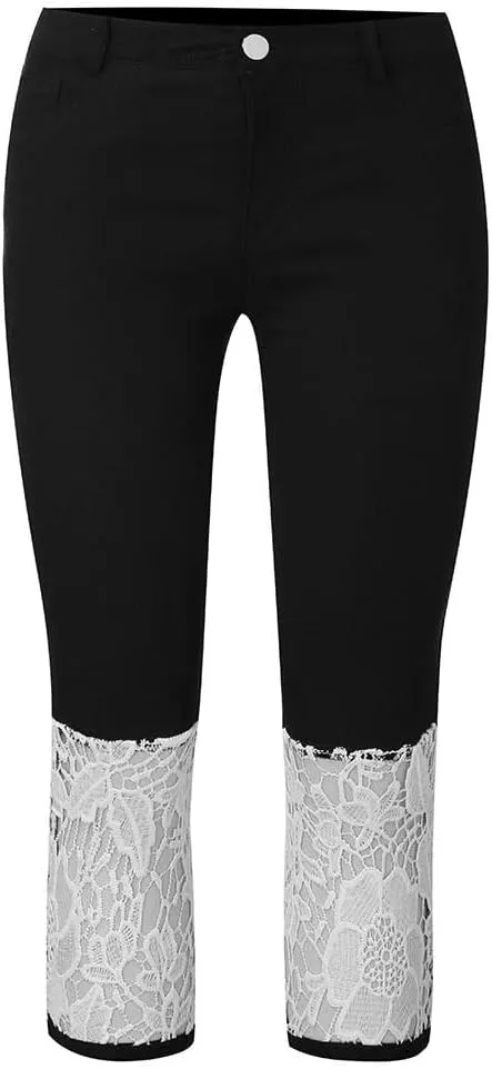 Lace Cropped Jeans for Women Plus Size High Waisted Denim Pants Summer Slim Stretch Casual Capri Cropped Jean Leggings