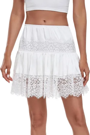 Lace Slip Skirt for Women Half Slips for Under Dresses Y2K Pleated Ruffle Lace Mini Skirt Extender Underskirt