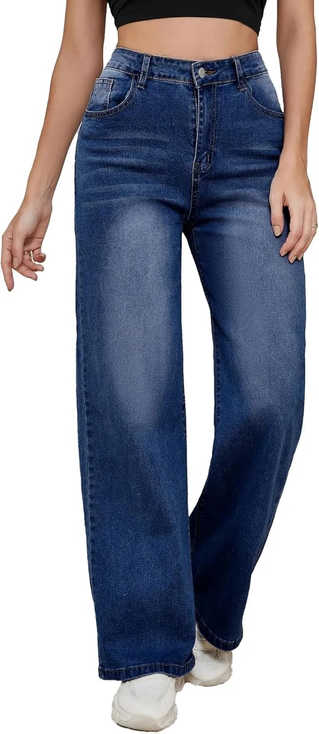 LaiyiVic Wide Leg Jeans for Women High Waisted Stretchy Straight Pants Leg Boyfriend Baggy Jeans