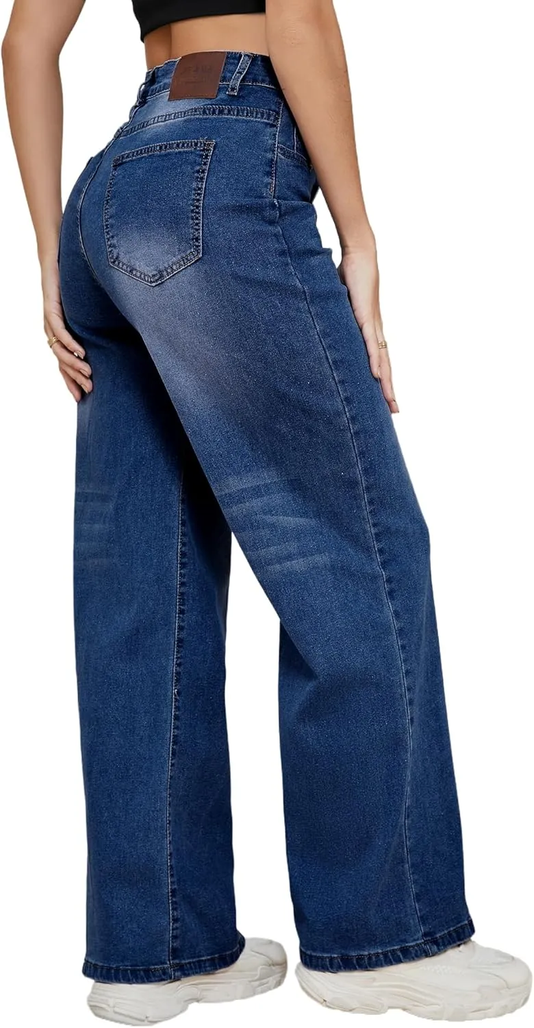 LaiyiVic Wide Leg Jeans for Women High Waisted Stretchy Straight Pants Leg Boyfriend Baggy Jeans