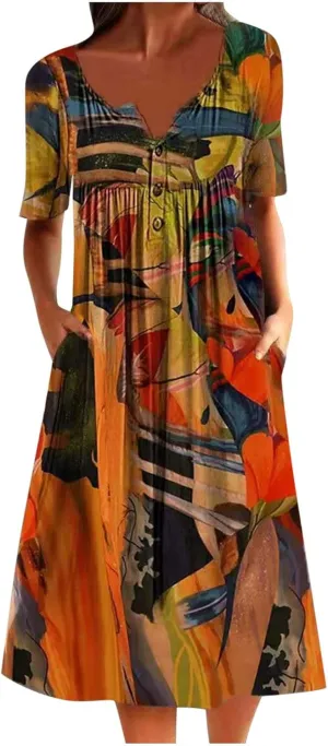 LFEOOST Long Dress for Women Summer Fashion Casual Short Sleeve Round Neck Floral Print Loose Beach Dress with Pocket