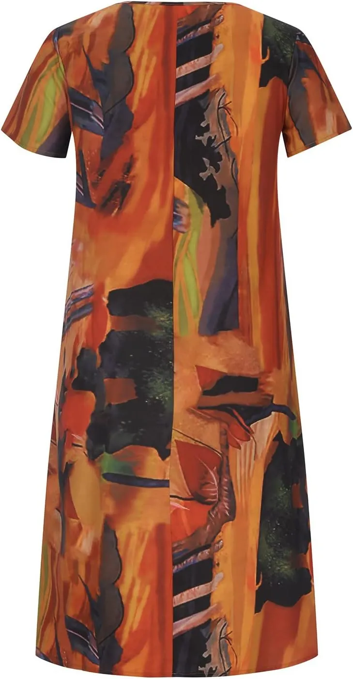 LFEOOST Long Dress for Women Summer Fashion Casual Short Sleeve Round Neck Floral Print Loose Beach Dress with Pocket