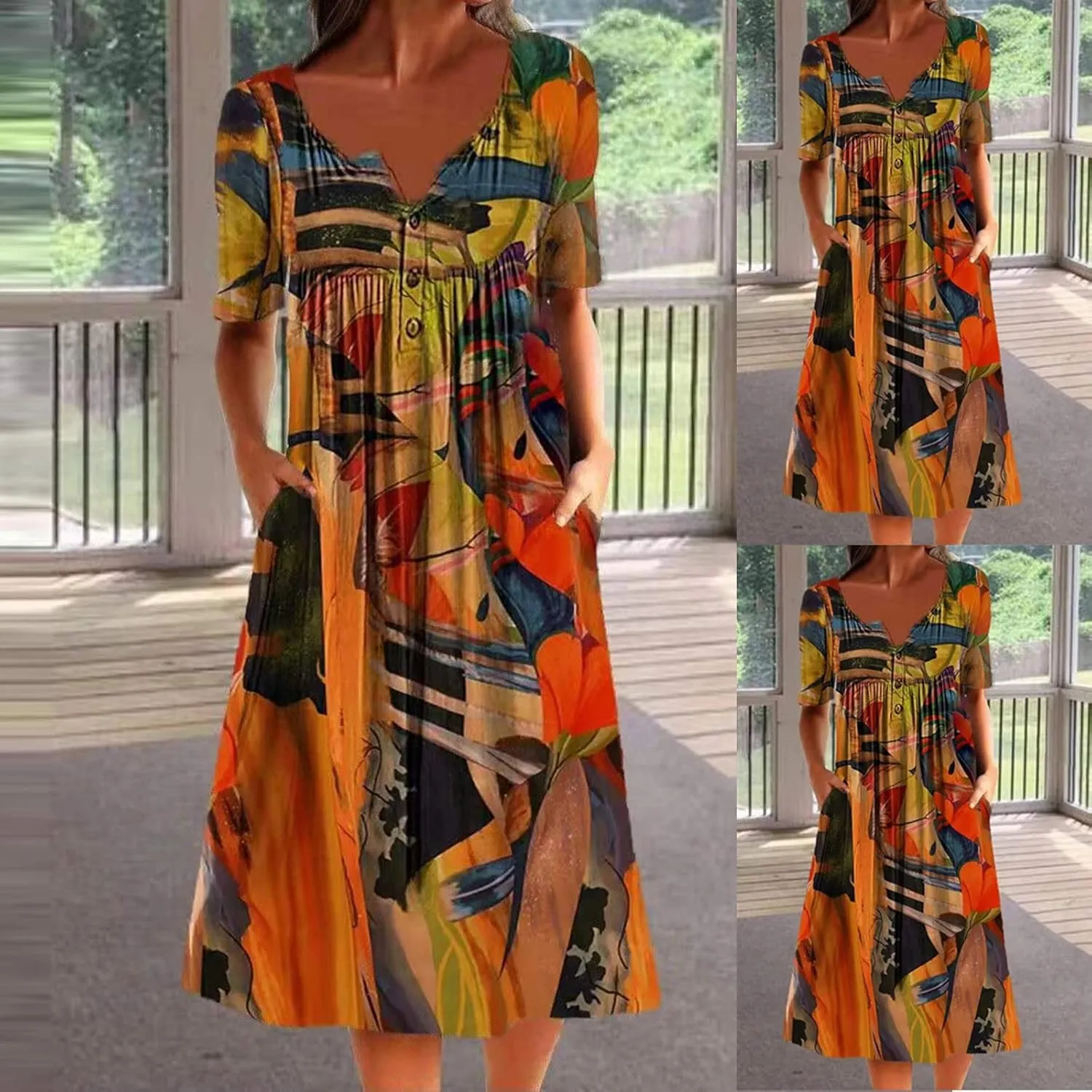 LFEOOST Long Dress for Women Summer Fashion Casual Short Sleeve Round Neck Floral Print Loose Beach Dress with Pocket