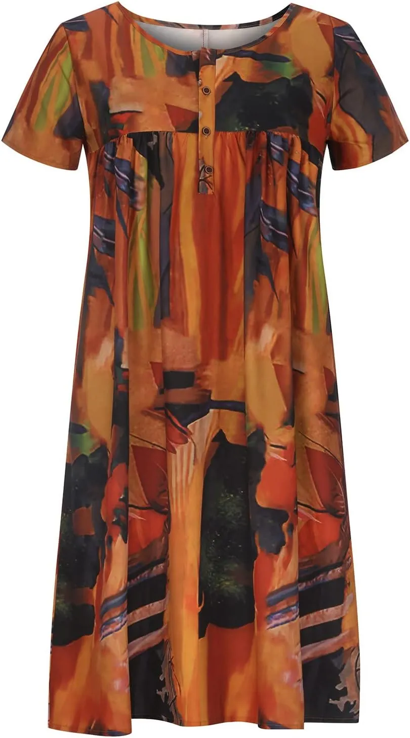 LFEOOST Long Dress for Women Summer Fashion Casual Short Sleeve Round Neck Floral Print Loose Beach Dress with Pocket
