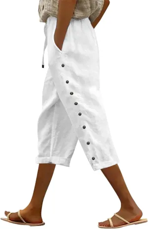 Linen Capri Pants for Women Casual Summer Capris Drawstring High Waist Pants Wide Leg Cropped Trousers