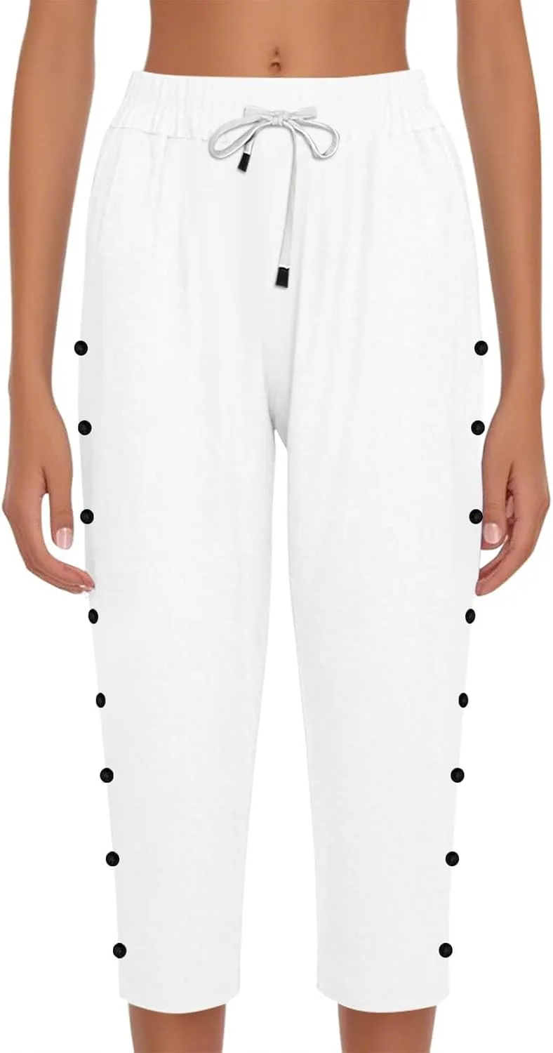 Linen Capri Pants for Women Casual Summer Capris Drawstring High Waist Pants Wide Leg Cropped Trousers