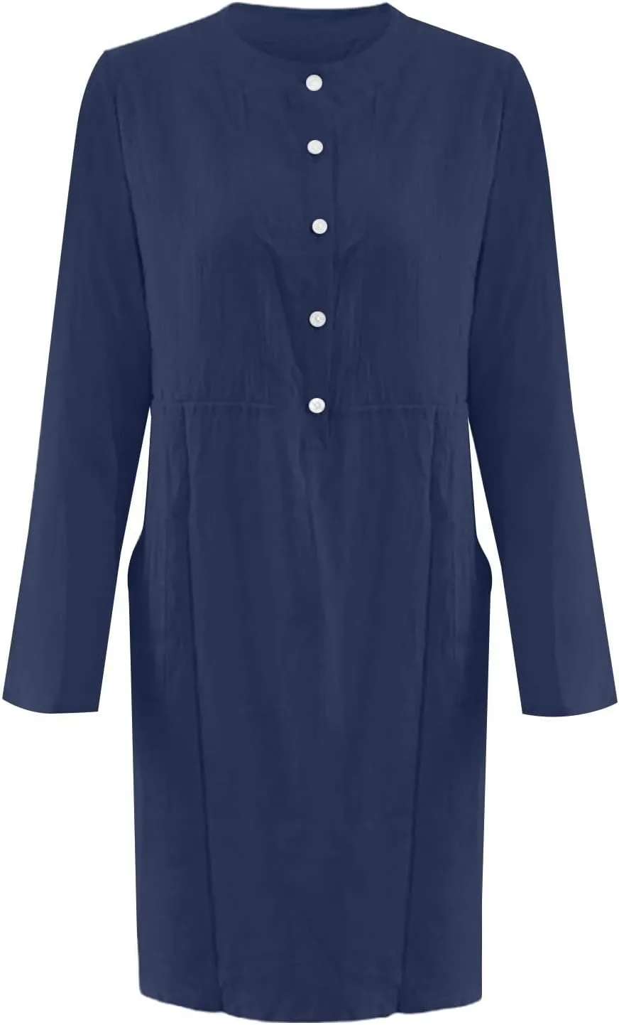 Linen Cotton Dresses for Women 2025 Button Shirt Dress Long Sleeve Round Neck Dressy Casual Mini Dresses with Pockets