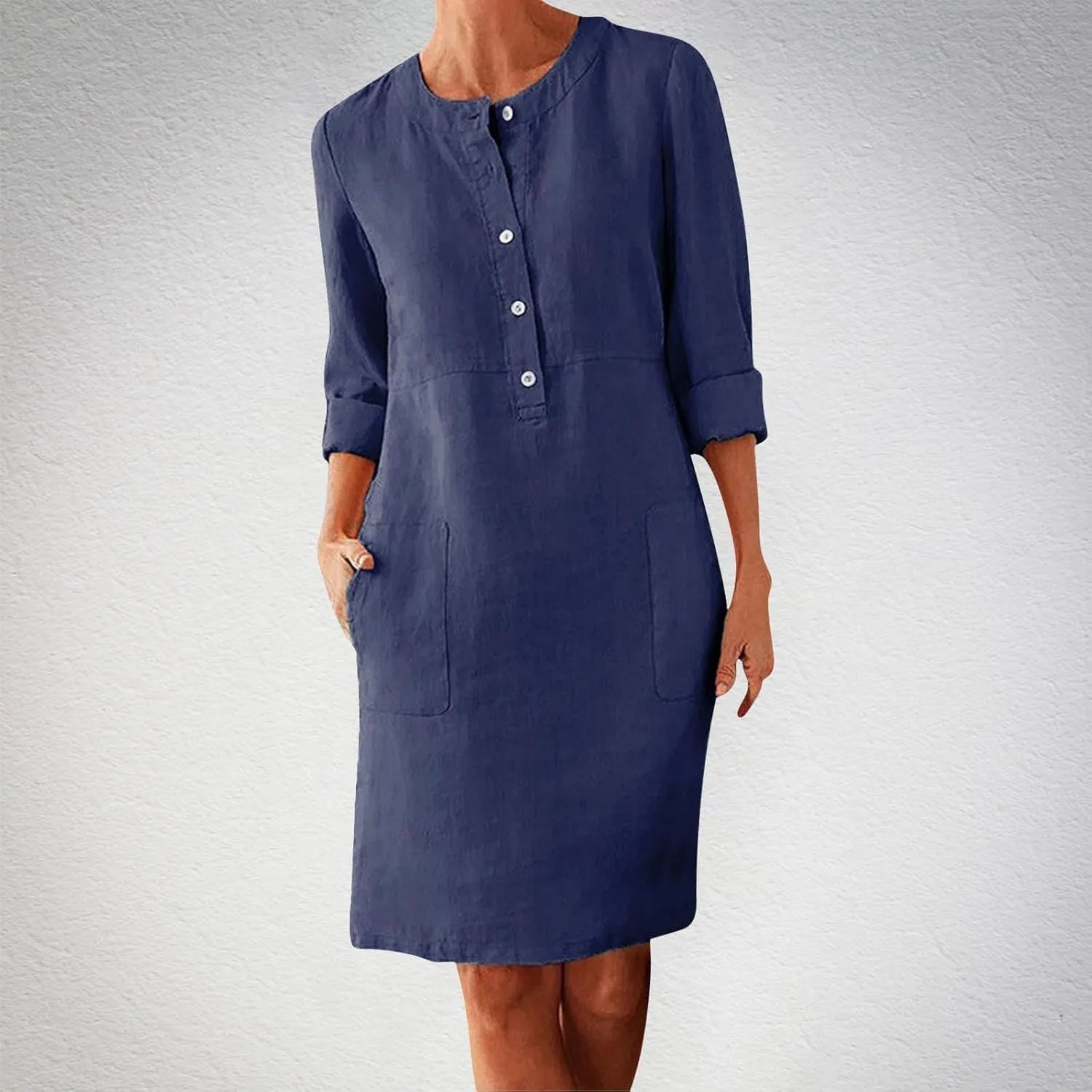 Linen Cotton Dresses for Women 2025 Button Shirt Dress Long Sleeve Round Neck Dressy Casual Mini Dresses with Pockets