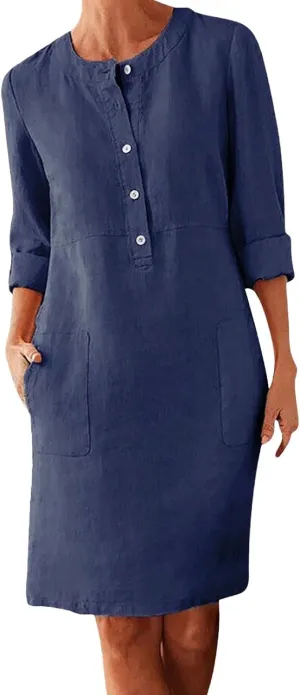 Linen Cotton Dresses for Women 2025 Button Shirt Dress Long Sleeve Round Neck Dressy Casual Mini Dresses with Pockets
