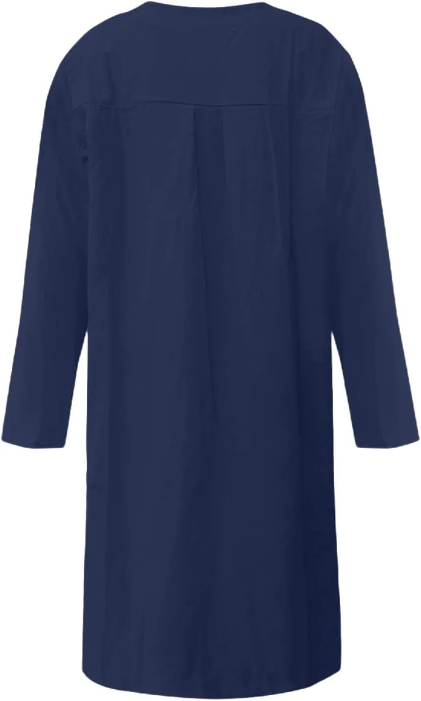 Linen Cotton Dresses for Women 2025 Button Shirt Dress Long Sleeve Round Neck Dressy Casual Mini Dresses with Pockets