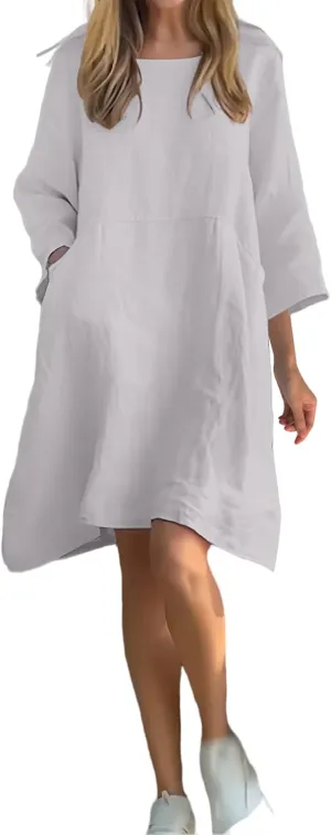 Linen Dress Women 2025 3/4 Sleeve Crewneck Dresses Casual Plus Size Midi Dresses Loose Summer Dress with Pockets