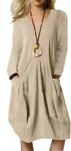 Linen Dress Women Summer Long Sleeve Round Neck A-line Casual T Shirts Dress Loose Solid Swing Dresses with Pockets