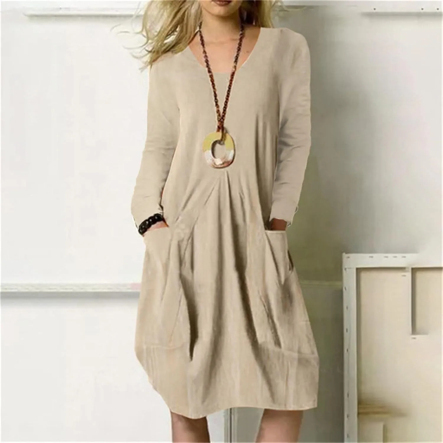 Linen Dress Women Summer Long Sleeve Round Neck A-line Casual T Shirts Dress Loose Solid Swing Dresses with Pockets