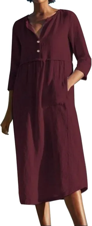 Linen Dresses for Women 2025 Casual Loose Shift Tunic Round Neck 3/4 Sleeve Dress Solid Color Basic Breathable Dress