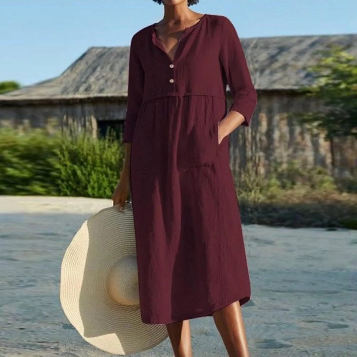 Linen Dresses for Women 2025 Casual Loose Shift Tunic Round Neck 3/4 Sleeve Dress Solid Color Basic Breathable Dress