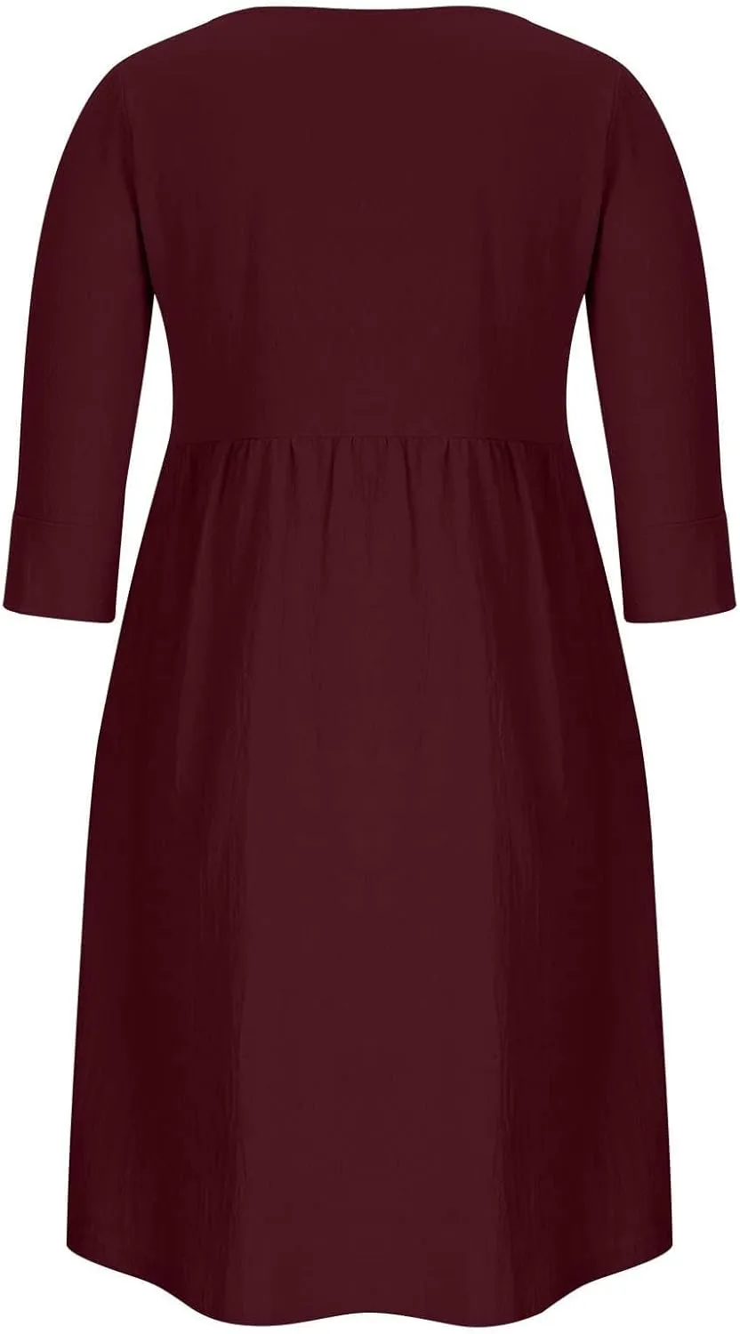Linen Dresses for Women 2025 Casual Loose Shift Tunic Round Neck 3/4 Sleeve Dress Solid Color Basic Breathable Dress