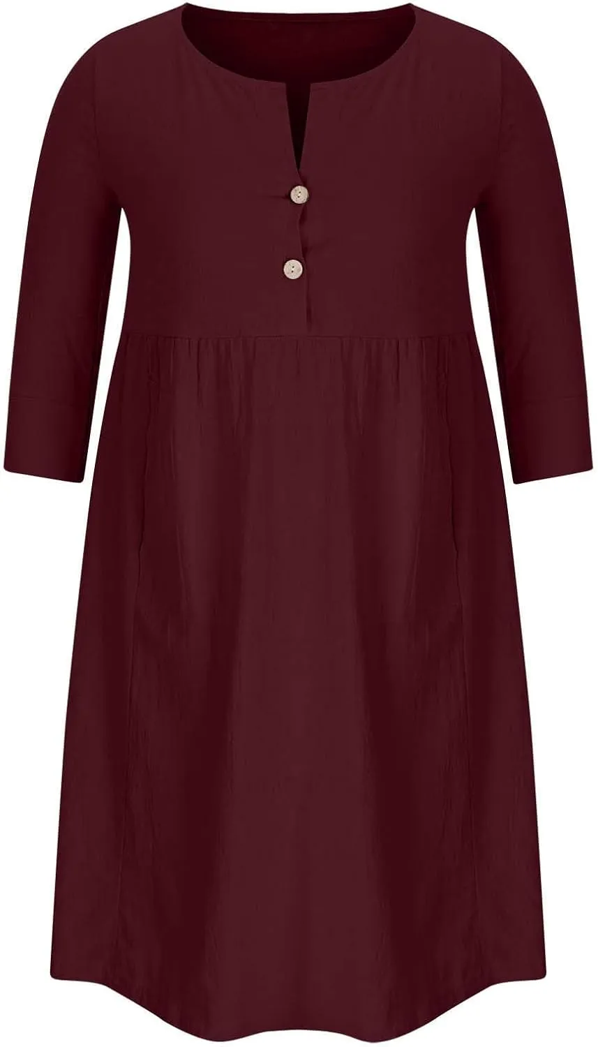 Linen Dresses for Women 2025 Casual Loose Shift Tunic Round Neck 3/4 Sleeve Dress Solid Color Basic Breathable Dress