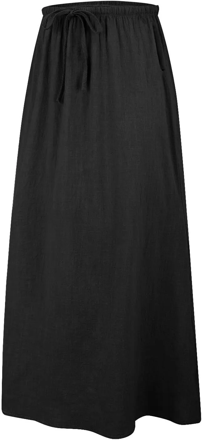 Linen Maxi Skirts for Women Summer Spring Flowy Drawstring Waist A Line Skirt Boho Vacation Casual Cute Long Dress
