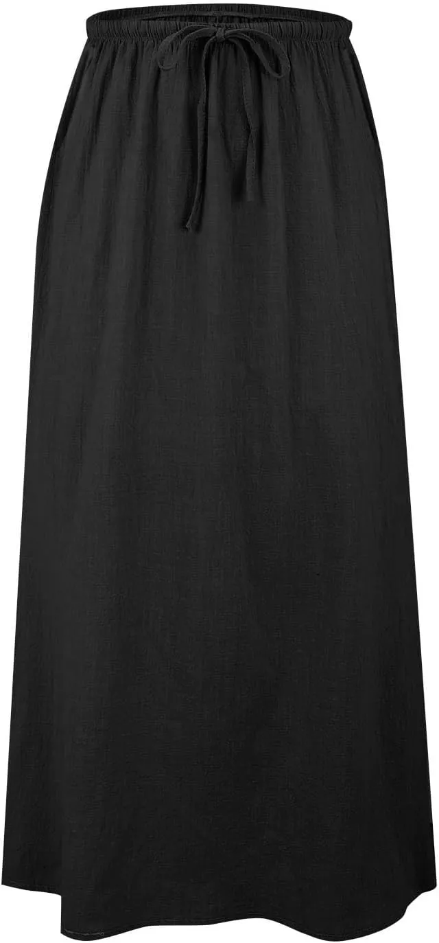 Linen Maxi Skirts for Women Summer Spring Flowy Drawstring Waist A Line Skirt Boho Vacation Casual Cute Long Dress