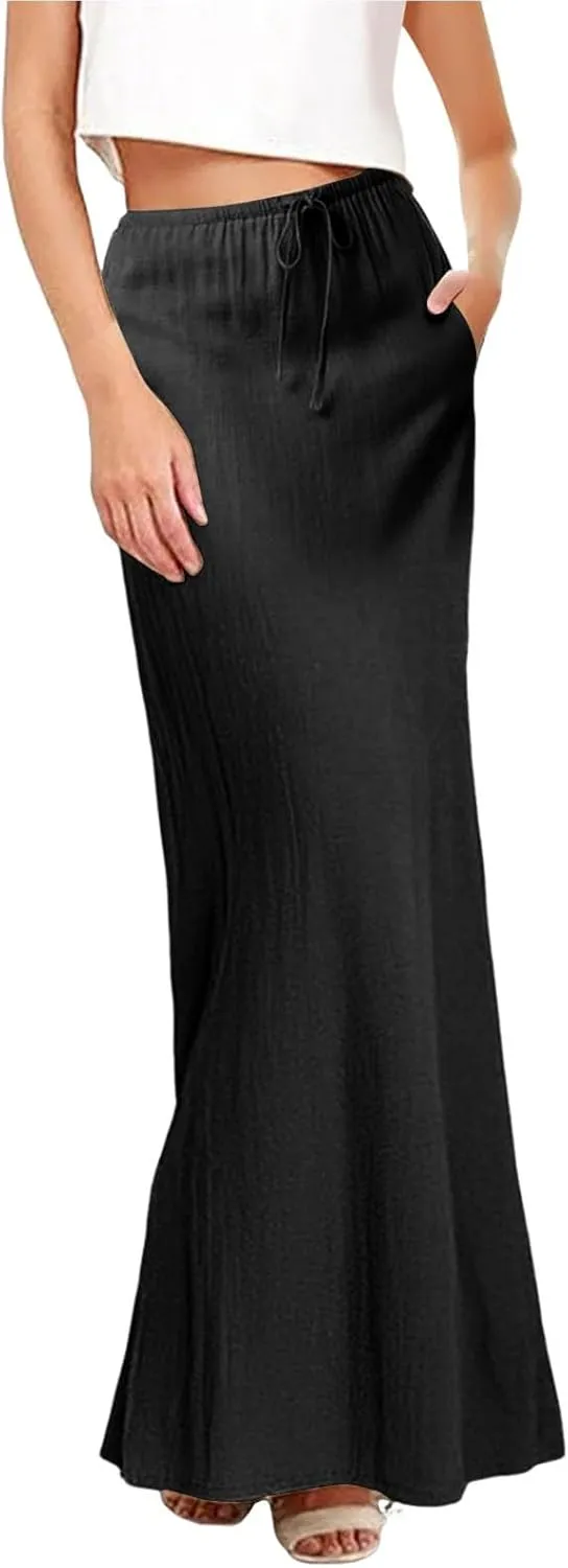 Linen Maxi Skirts for Women Summer Spring Flowy Drawstring Waist A Line Skirt Boho Vacation Casual Cute Long Dress